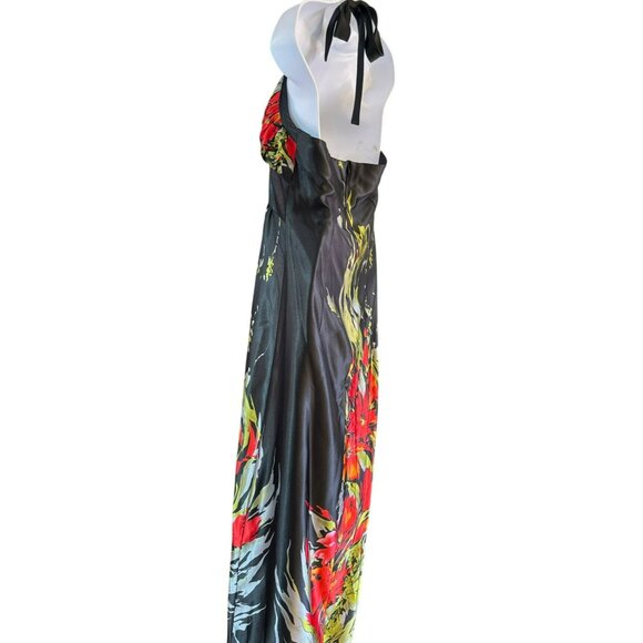 Vintage Y2K Black Red Floral Satin Halter Top Maxi Dress Romantic Goth Summer - Picture 5 of 7